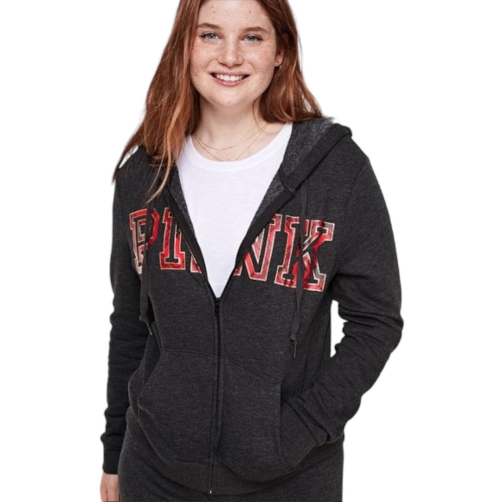 Victoria's Secret PINK Hoodie Womens XS Dark Grey NWOT Plaid Logo Zip Up Fleece